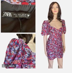 ZARA Metallic Sparkle Floral Ruched Mini Dress XS